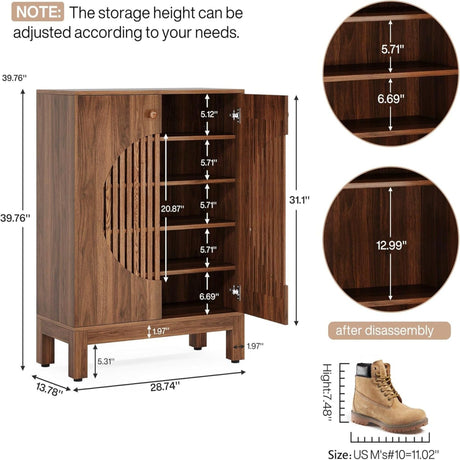 5 Tier Shoe Cabinet With Round Louvered Doors, Storage Organizer - Brown HouseOfZazla