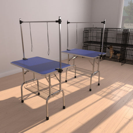Folding Dog Pet Grooming Table Stainless Steel Frame Rubber Mat On Board With Adjustable Arm And Clamps Pet Dog Cat Grooming Table HouseOfZazla