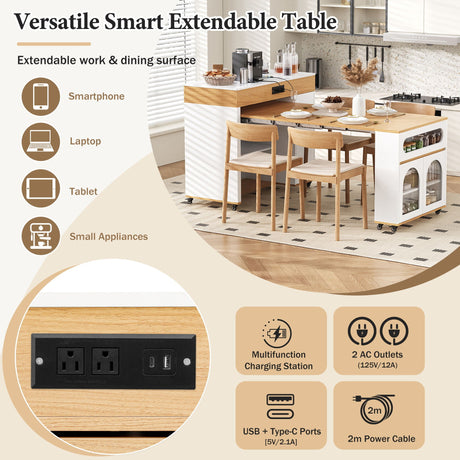 Extendable Dining Table With Folding Top, Rolling Kitchen Island With Drawers And Power Outlet HouseOfZazla