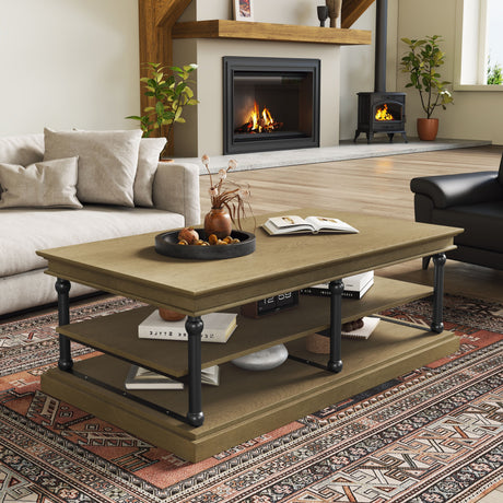 55.1' Wood Coffee Table with Black Legs and Open Storage Shelves HouseOfZazla