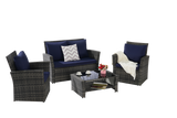 4 Pieces Outdoor Patio Furniture Set with Rattan Chairs and Tempered Glass Table