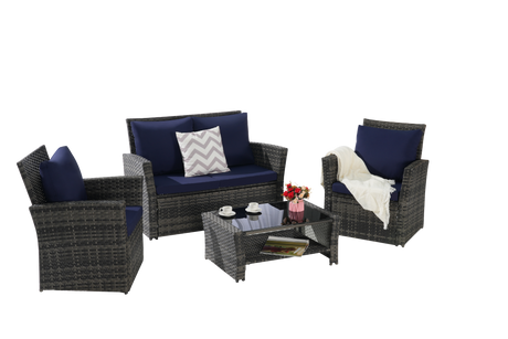 4 Pieces Outdoor Patio Furniture Set with Rattan Chairs and Tempered Glass Table HouseOfZazla