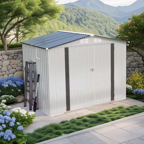 Outdoor Garden Storage Shed, Tool Shed With Pitched Roof Waterproof With 1 Window And 2 Lockable Door - White / Gray HouseOfZazla