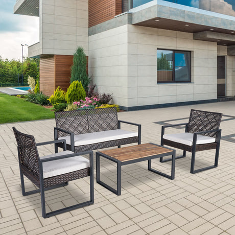 4 Piece Patio Furniture Set With Acacia Wood Table Top And Cushions HouseOfZazla