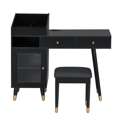 Modern Makeup Vanity Desk With Drawers Cabinet & Charging Port Engineered Wood Space Saving Design For Small Places - Black HouseOfZazla