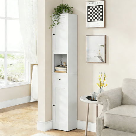 Tall Bathroom Storage Cabinet, 5-Tier Narrow With 2 Doors & Adjustable Shelves, Freestanding - White HouseOfZazla