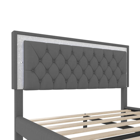 3-Pieces Bedroom Set, Queen Size Upholstered Platform Bed with LED Lights and Two Nightstands - Gray HouseOfZazla