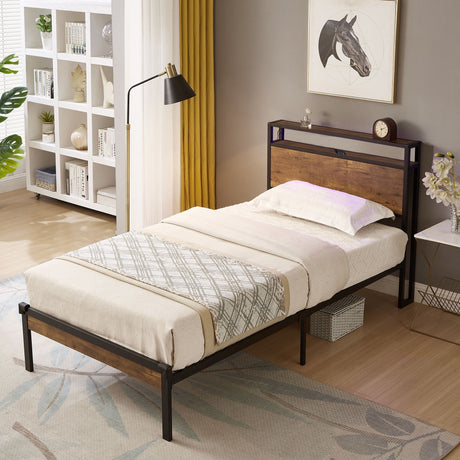 Platform Bed Frame With Wooden Headboard And Footboard, USB Liner HouseOfZazla
