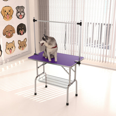 Folding Dog Pet Grooming Table Stainless Steel Frame Rubber Mat On Board With Adjustable Arm And Clamps Pet Dog Cat Grooming Table HouseOfZazla