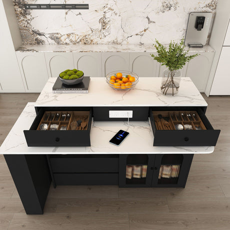 Kitchen Island With Extendable Rotating Table, 4 Drawers & Glass Door Cabinets, Built In Socket - Black HouseOfZazla