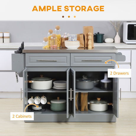 Homcom - Rolling Kitchen Island With Storage, Portable Kitchen Cart With Stainless Steel Top, 2 Drawers, Spice, Knife And Towel Rack And Cabinets HouseOfZazla