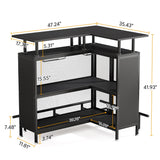 L Shaped Home Mini Bar Table With 2 Tier Shelves & Glass Racks - Black