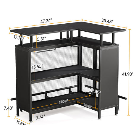 L Shaped Home Mini Bar Table With 2 Tier Shelves & Glass Racks - Black HouseOfZazla