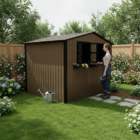 6x9 FT Outdoor Metal Storage Shed with Window & Flower Rack HouseOfZazla