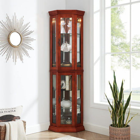 Corner Curio Cabinet With Lights, Adjustable Tempered Glass Shelves, Mirrored Back, Display Cabinet (E26 Light Bulb Not Included) HouseOfZazla