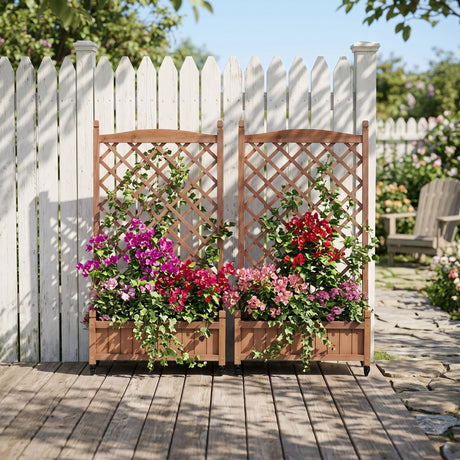 Raised Garden Bed With Trellis 2 Pack, Outdoor Planter Box & Plant Stand With Climbing Racks - Brown HouseOfZazla