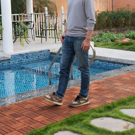 Interlocking Deck Tiles Checker Pattern, Square Acacia Hardwood Outdoor Flooring For Patio, Bancony, Pool Side HouseOfZazla