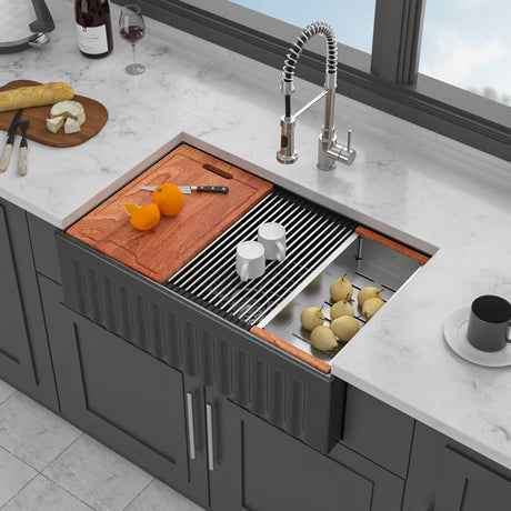 Porcelain Ceramic Farmhouse Sink Workstation With Reversible Apron Design - Single Bowl HouseOfZazla