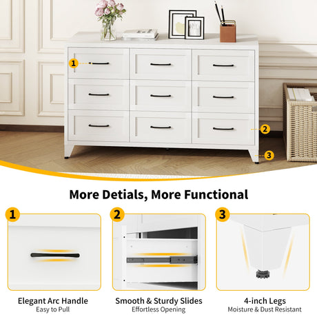 9 Drawer White Metal Dresser with Quiet-Glide Rails HouseOfZazla