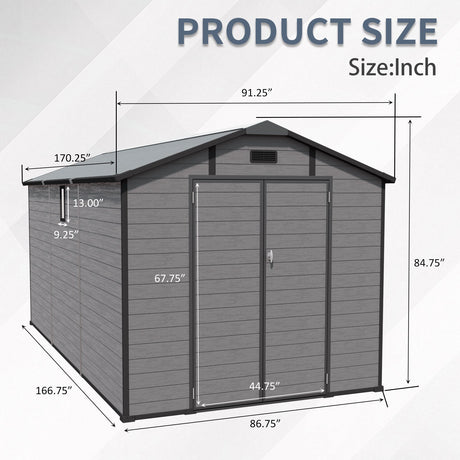8x14 FT Plastic Outdoor Storage Shed - Lockable Resin Tool Shed with 2 Window & 3 Air vents HouseOfZazla