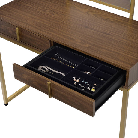 Coleen Walnut & Gold Finish Vanity Desk with Mirror & Jewelry Tray HouseOfZazla