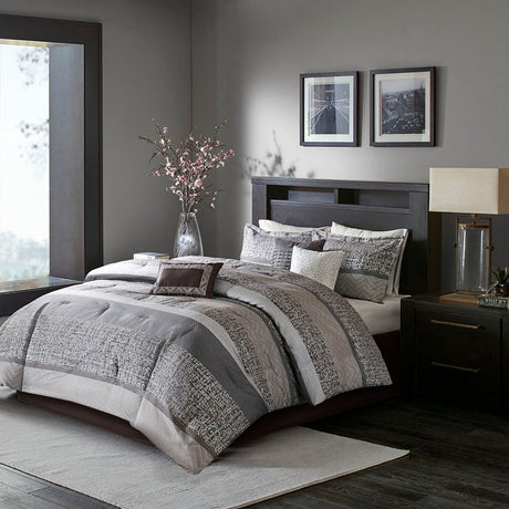 7 Piece Jacquard Comforter Set Grey Taupe King HouseOfZazla