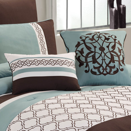 Tolbert 8 Pc Teal & Brown Geometric Embroidered Comforter Set HouseOfZazla