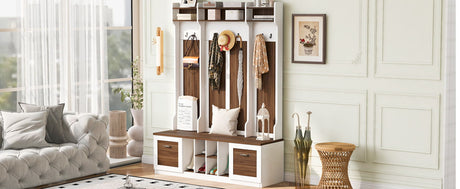 5 In 1 Entryway Bench With Coat Rack, 7 Sturdy Hooks, 2 Spacious Drawers And Adjustable Shelves HouseOfZazla