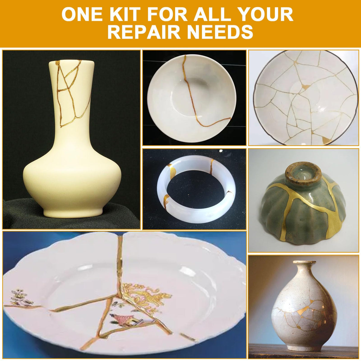deuvuo Kintsugi Repair Kit Gold, 21 Pcs Authentic Kintsugi Repair Kit to Revive Your Broken Ceramic, Pottery, Mug, Bowl, Glass Keepsakes with Ease - Japanese Art DIY Set Bio for Beginners deuvuo