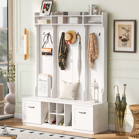 5 In 1 Entryway Bench With Coat Rack, 7 Sturdy Hooks, 2 Spacious Drawers And Adjustable Shelves HouseOfZazla