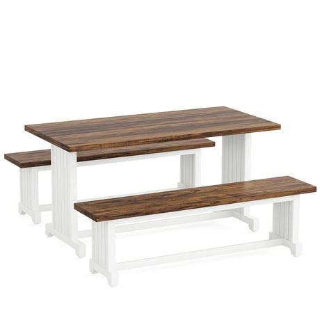 3 Piece Dining Table Set For 2 - 4, With Space Saving Benches - Brown / White HouseOfZazla