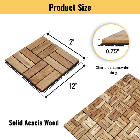 Interlocking Deck Tiles Checker Pattern, Square Acacia Hardwood Outdoor Flooring For Patio, Bancony, Pool Side HouseOfZazla