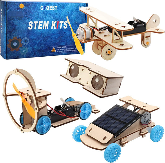 DIY Wooden Science Model Kit Solar Power Car,Electric Motor Biplane Glider,Toy Binoculars and Wind Power Car,Stem 4 in 1 Set - WoodArtSupply