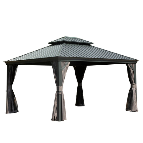 10' x 12' Hardtop Gazebo Outdoor Metal Gazebo with Galvanized Steel Double Roof Canopy, Aluminum Frame, Curtains and HouseOfZazla