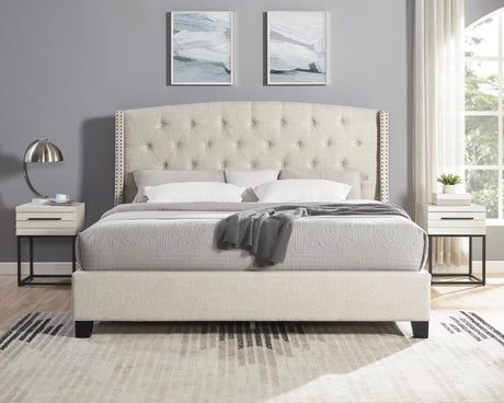 Astral 3-Piece Upholstered Bedroom Set, Tufted Wingback Bed with Two White Nightstands HouseOfZazla