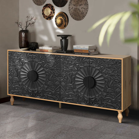 Black Carved Symmetrical Design Door And Wood Coloured Frame TV Stand HouseOfZazla