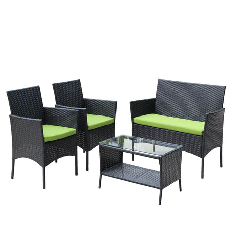 4 PC Rattan Patio Furniture Set Outdoor Cushioned Wicker Sofa Green Cushion HouseOfZazla