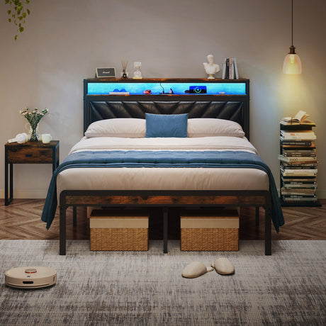 Full Size Metal Platform Bed Frame with Adjustable Upholstered Headboard HouseOfZazla