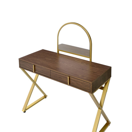 Coleen Walnut & Gold Finish Vanity Desk with Mirror & Jewelry Tray HouseOfZazla