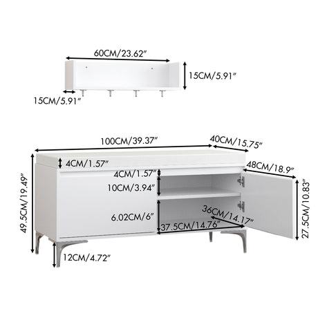 Wall Mounted Entryway Shelf With Hooks And Storage Bench Set - Off White HouseOfZazla