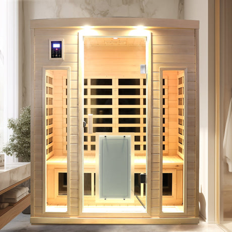 Low EMF, There is also a heating plate on the glass door, Hemlock wood Far-infrared indoor Three person sauna room HouseOfZazla