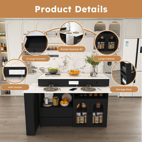 Kitchen Island With Extendable Rotating Table, 4 Drawers & Glass Door Cabinets, Built In Socket - Black HouseOfZazla