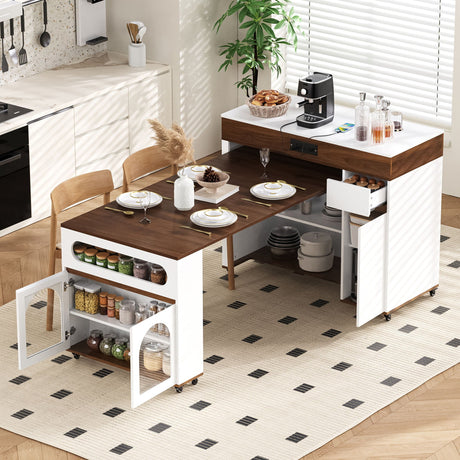 Extendable Dining Table With Folding Top, Rolling Kitchen Island With Drawers And Power Outlet HouseOfZazla