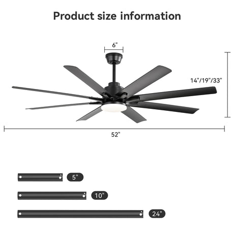 Smart Ceiling Fan With 8 Blades, Voice Remote Control, 6 Wind Speeds, Reversible DC Motor, 3 Color Lighting - Black HouseOfZazla