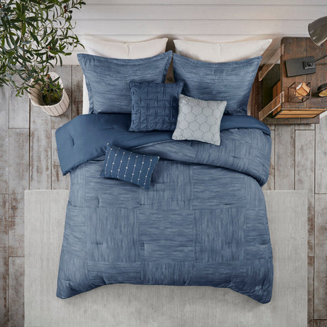 7 Piece Printed Seersucker Comforter Set Navy King HouseOfZazla