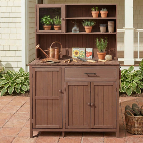 TOPAMX Potting Bench with Hutch, Solid Fir Wood Garden Workstation HouseOfZazla