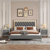 3-Pieces Bedroom Set, Queen Size Upholstered Platform Bed with LED Lights and Two Nightstands - Gray