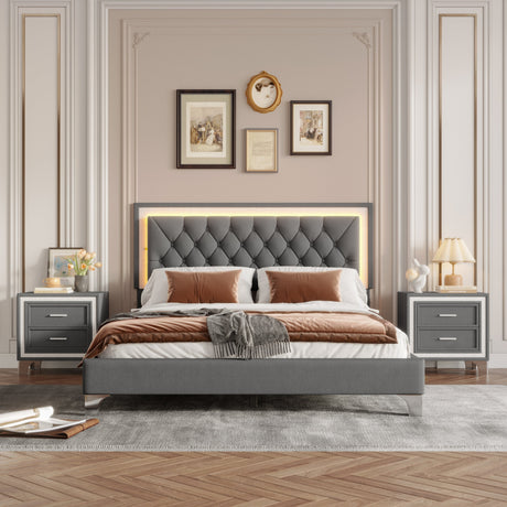 3-Pieces Bedroom Set, Queen Size Upholstered Platform Bed with LED Lights and Two Nightstands - Gray HouseOfZazla