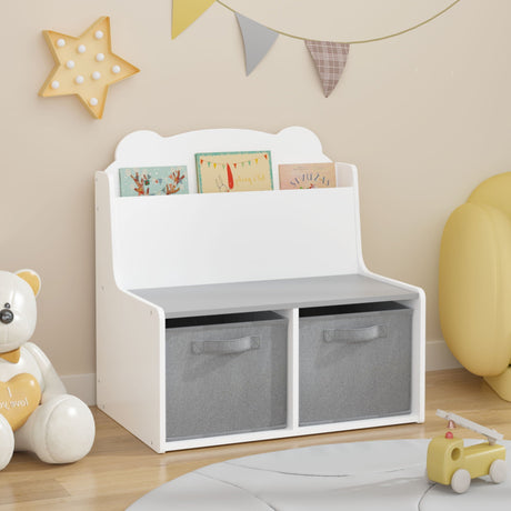 Bookshelf With Storage Bins, Bookcase With Book Display Shelf And 2 Bins, Cute Bear Shaped Backboard, Toy Organizer - White HouseOfZazla