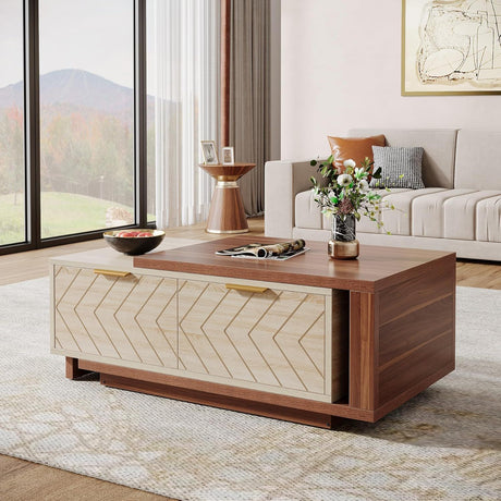 Extendable Coffee Table With 2 Storage Drawers, Dual Tone With Sliding Top, Hidden Storage - Walnut HouseOfZazla